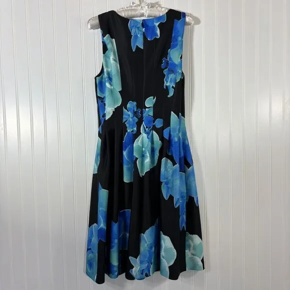 Calvin Klein Blue Black Sleeveless Floral Fit & Flare Cocktail Dress Sz 8 Spring - Picture 2 of 11